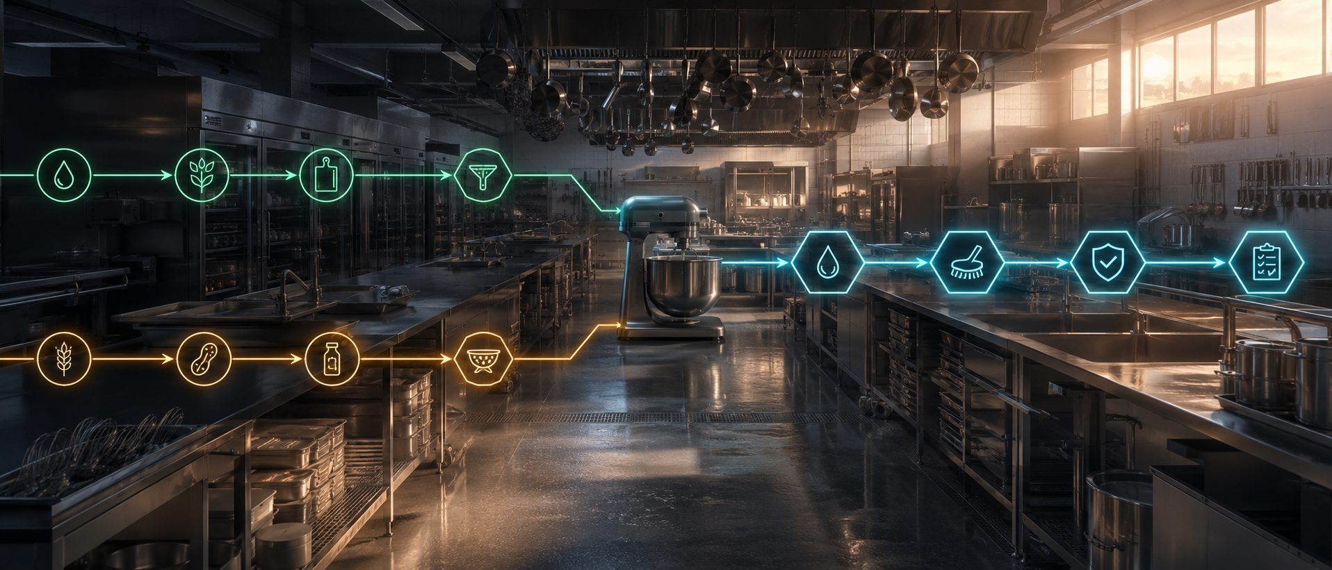 Institutional kitchen production: menu variants route through a sanitation step before shared equipment, ending at an audit-ready, allergen-safe plan.